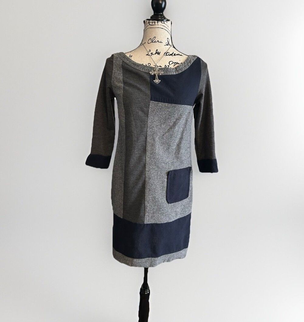 Mado et les Autres Lagenlook Grey Patchwork Artsy Style Dress W Pocket Size M